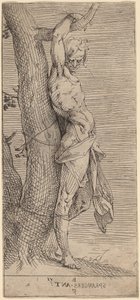 Der heilige Sebastian, an einen Baum gebunden