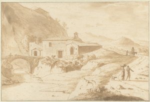 Hügelige Landschaft mit einer Kapelle an einer Brücke