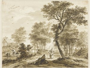 Landschaft mit Figuren und links ein Mann in einem Kahn von Bartholomeus Barbiers