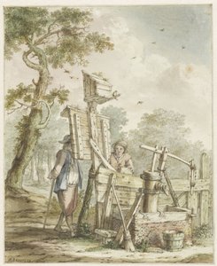 Landschaft mit zwei Männern an einem Anschlagbrett bei einer Wasserpumpe