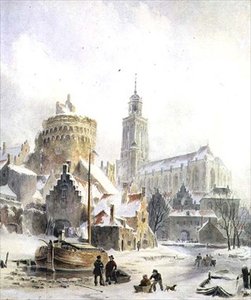 Kinder spielen auf einem zugefrorenen Fluss, Deventer Kathedrale im Hintergrund