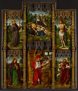 Tragbarer Altar: Pietà, Heilige Franziskus, Sebastian, Johannes der Evangelist, Hieronymus und Johannes der Täufer, ca. 1500 von Bartolomé Bermejo