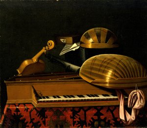 Stillleben mit Musikinstrumenten und Büchern, Mitte des 17. Jahrhunderts von Bartolomeo Bettera