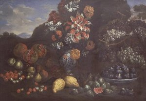 Blumen in einem Majolika-Krug mit Früchten in einer Landschaft