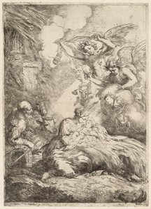 Die Heilige Familie von Engeln angebetet (Die große Geburt Christi, ca. 1655) von Bartolomeo Biscaino