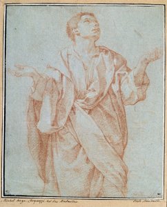 Mann in Gewändern, Arme geöffnet, Augen zum Himmel erhoben, Kopf geneigt. Zeichnung a la sanguine von Bartolomeo Cesi (1556-1620)