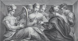 Eine Gruppe elegant gekleideter Menschen spielt Harfe und Gitarre von Bartolomeo Crivellari