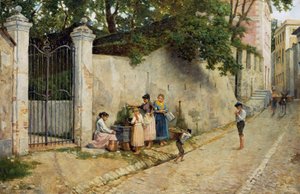 Am Brunnen, von Bartolomeo Giuliano (1825-1909), Öl auf Leinwand, 64,5x100 cm