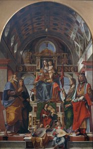 Die Jungfrau und das Kind auf dem Thron mit musizierenden Heiligen und Engeln, 1499 von Bartolomeo Montagna
