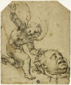 Zwei Skizzen: Kniender Putto, der einen Kopf hält (recto) Details eines nackten männlichen Kindes (verso)