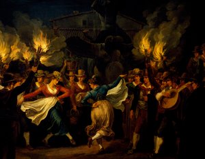 Tänzer, Detail aus Nocturnal Dance auf der Piazza Barberini in Rom nach der Ernte, von Bartolomeo Pinelli, Italien