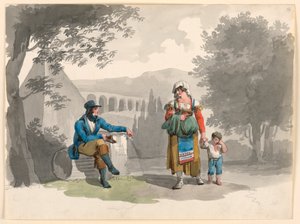 Frau hält einen Jungen an der Hand und geht an einem sitzenden Herrn unter Ruinen in der Campagna vorbei von Bartolomeo Pinelli