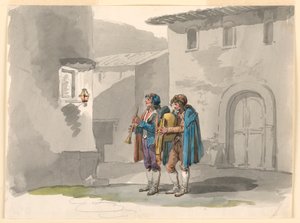 Zeichnung, Pifferari, Zwei Pfeifer aus den Abruzzen in Rom, 1807–08 von Bartolomeo Pinelli