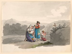 Frau mit einem Baby betet vor dem Kreuz, das den Ort markiert, an dem ihr Mann getötet wurde, 1807–08 von Bartolomeo Pinelli
