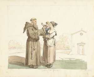 Junge Frau mit Kind vor einem Mönch stehend von Bartolomeo Pinelli