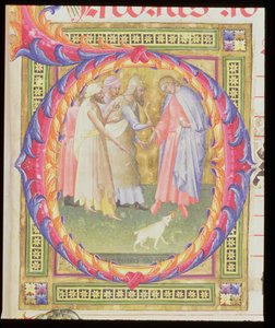 Ms 518 f.1r Historisierte Initiale O, die Tobias und den Engel darstellt