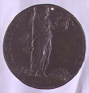 Porträtmedaille mit einer weiblichen Figur, die einen Stab hält (Bronze) von Bartolommeo Melioli