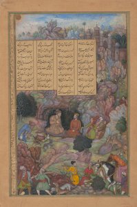 Alexander besucht den Weisen Plato in seiner Berghöhle, Folio aus einem Khamsa, 1597-98 von Basawan