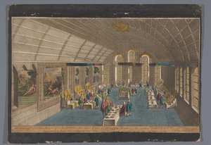 Ansicht des Römer Saals in Frankfurt am Main mit einem Mahl für den Kaiser und die Kurfürsten am 22. Juni und 1. August 1758