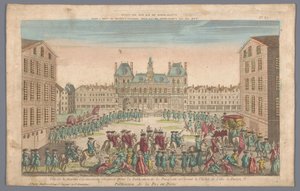 Ansicht des Rathauses in Paris mit einem Festzug zur Verkündung des Friedens