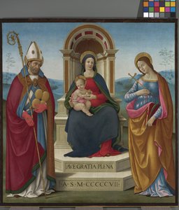 Madonna und Kind mit St. Justus von Volterra und St. Margareta von Antiochia von Bastiano Mainardi