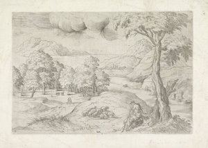 Panorama-Landschaft mit Ruinen, einer Stadt und Reisenden