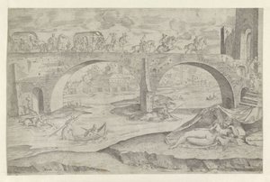 Venus und Amor in Stadtansicht mit einer Brücke von Battista Angolo del Moro