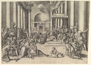 Konstantin überreicht der Heiligen See die Stadt Rom, rechts viele Zuschauer, ca. 1530-61 von Battista Franco Veneziano