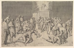 Die Philister stellen die Bundeslade in den Tempel Dagons, ca. 1540 von Battista Franco Veneziano