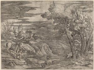 Landschaft mit einem Mann, der ein Pferd führt
