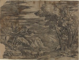 Landschaft mit einem Mann, der ein Pferd führt von Battista Franco, after Titian
