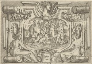 Ein Mann und eine Frau bieten einem König auf einem Thron eine Platte mit Münzen an von Battista del Moro