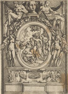 Das Urteil des Paris, ein Mann sitzt links und streckt die Hand zu einer Frau aus, die von ... flankiert wird, ca. 1540-80 von Battista del Moro