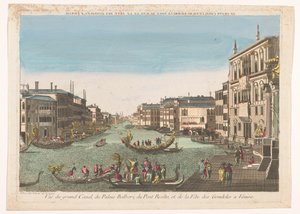 Blick auf den Canal Grande mit Gondeln, dem Palazzo Balbori und der Rialto-Brücke in Venedig