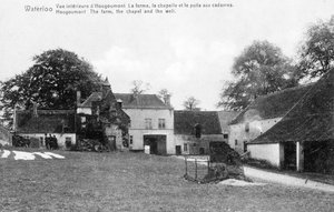 Bauernhof Hougoumont, ein wichtiger strategischer Ort für Wellington während der Schlacht von Waterloo, Gedenkpostkarte, ca. 1912 (Fotolitho)