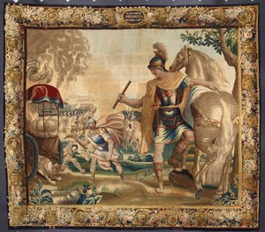 König Alexander der Große (356-323 v. Chr.) verbrannte vor seiner Reise nach Indien alles unnötige Gepäck. Tapisserie der Brüsseler Manufakturen, 16. Jahrhundert, Genua, Musei di Strada Nuova