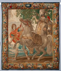 Alexander der Große zähmt das Pferd Bucephalos. Wandteppich aus den Manufakturen von Brüssel. 16. Jahrhundert Genua, Musei di Strada Nuova