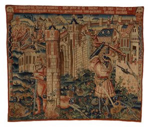 Wandteppich, Herkules am Tor der Stadt Prycus oder Herkules greift eine Stadt an, möglicherweise aus Tournai