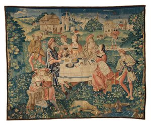 Wandteppich, der ein Bankett im Freien darstellt, oder Ein Essen im Freien im Garten der Liebe, aus Tournai, ca. 1510 von Belgian School