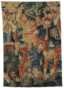 Wandteppichfragment, das die Steinigung der Ältesten darstellt, möglicherweise in Brüssel, Belgien hergestellt