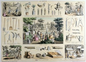 Bildungsgemäße Darstellung des Gartenbaus, mit Illustrationen von Gartengeräten und Szenen, die die geeigneten Aktivitäten für jede Jahreszeit zeigen