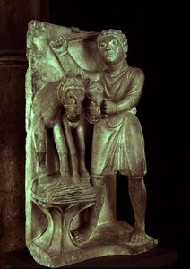 Weizen dreschen: Juli aus einem statuarischen Kalender der Arbeiten der Monate, ca. 1200 von Benedetto Antelami