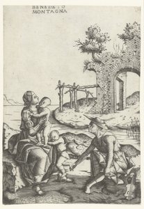 Familie sitzt am Wasserufer in der Nähe einer Ruine von Benedetto Montagna