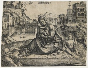 Die Heilige Familie mit dem kleinen Heiligen Johannes in einer Landschaft, ca. 1506-1512 von Benedetto Montagna