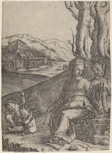 Frau und Satyr mit zwei Cupidos