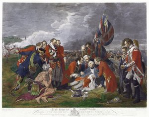 Tod von General Wolfe nach einem Gemälde von Benjamin West. James Wolfe (1727-1759), britischer Armeekommandant, tödlich verwundet beim Sieg über die Franzosen in der Schlacht auf den Ebenen von Abraham, Quebec. Siebenjähriger Krieg Kanada Frankreich