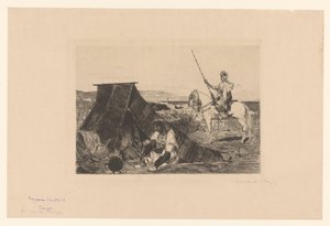 Landschaft mit Zelt und Reiter