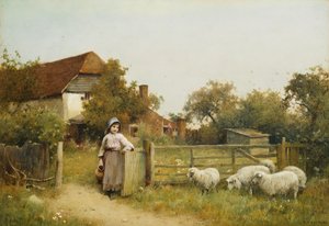 Junges Mädchen mit Schafen, bei einem Cottage von Benjamin D. Sigmund