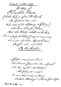Benjamin Franklins Epitaph, von ihm selbst geschrieben, 1728