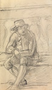 Figurenstudie eines jungen Mannes mit Hut, draußen sitzend